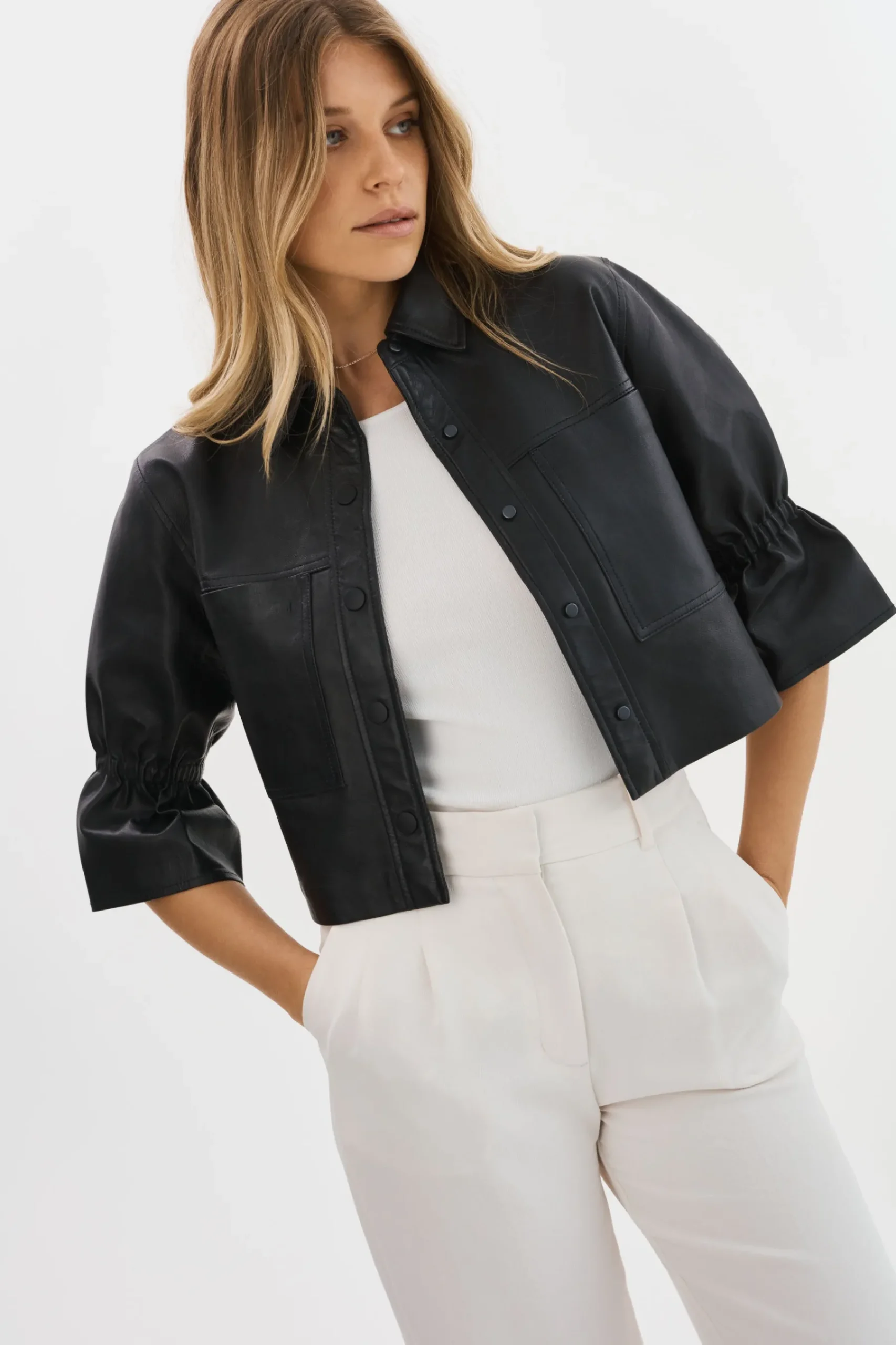 Femme LAMARQUE CAROLINA | Veste En Cuir à Manches à Volants