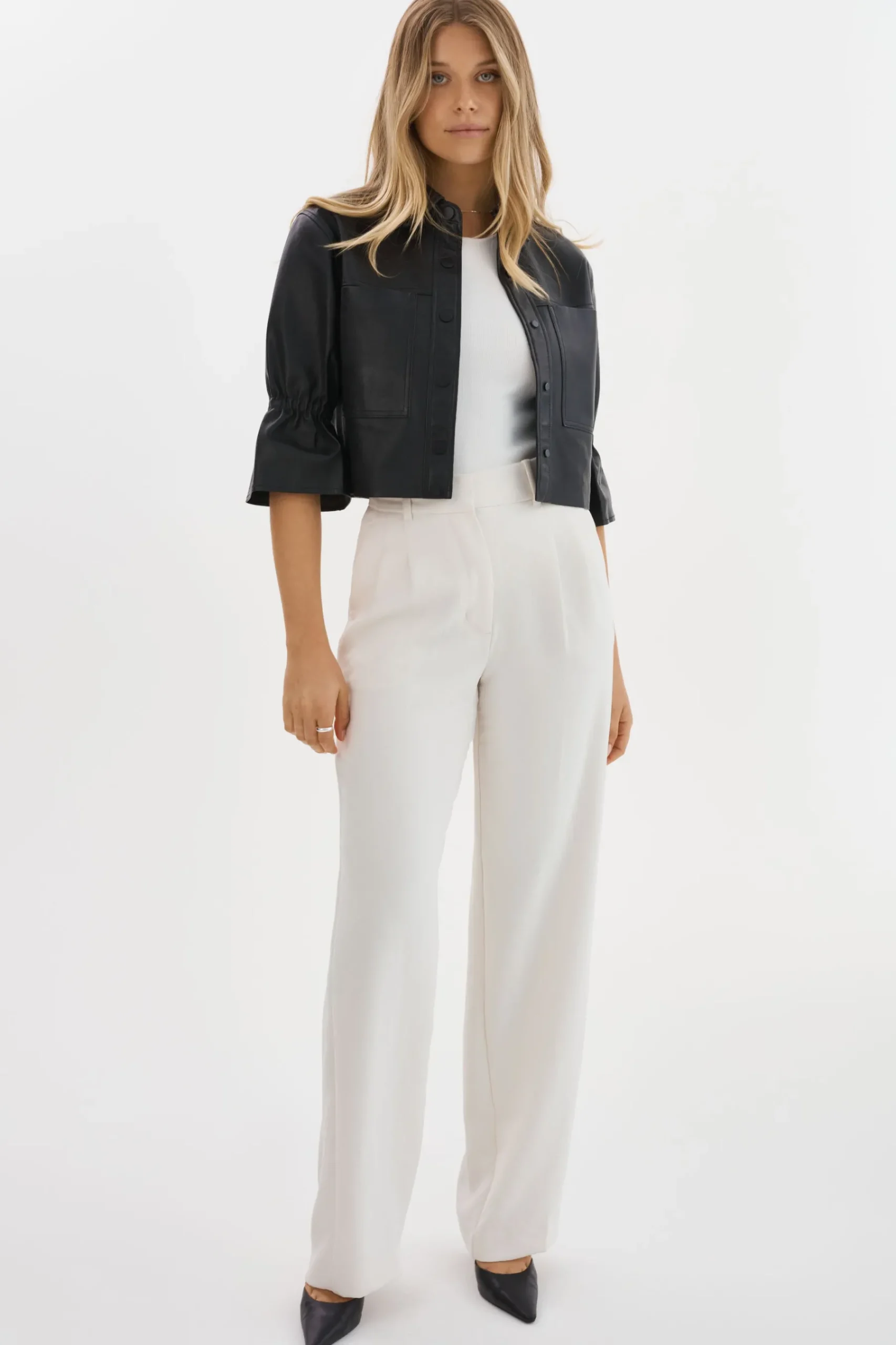 Femme LAMARQUE CAROLINA | Veste En Cuir à Manches à Volants
