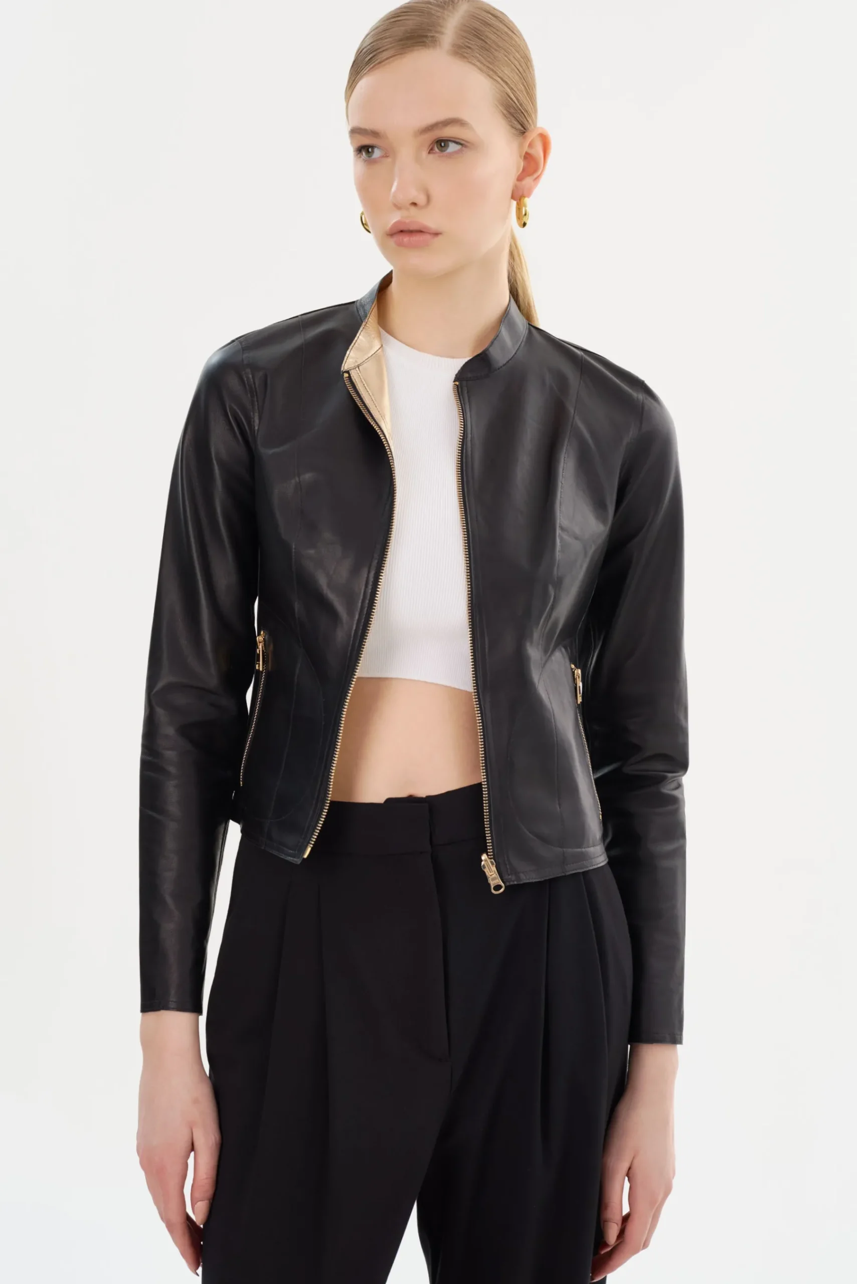 Femme LAMARQUE CHAPIN Blouson En Cuir Noir Et Or Réversible