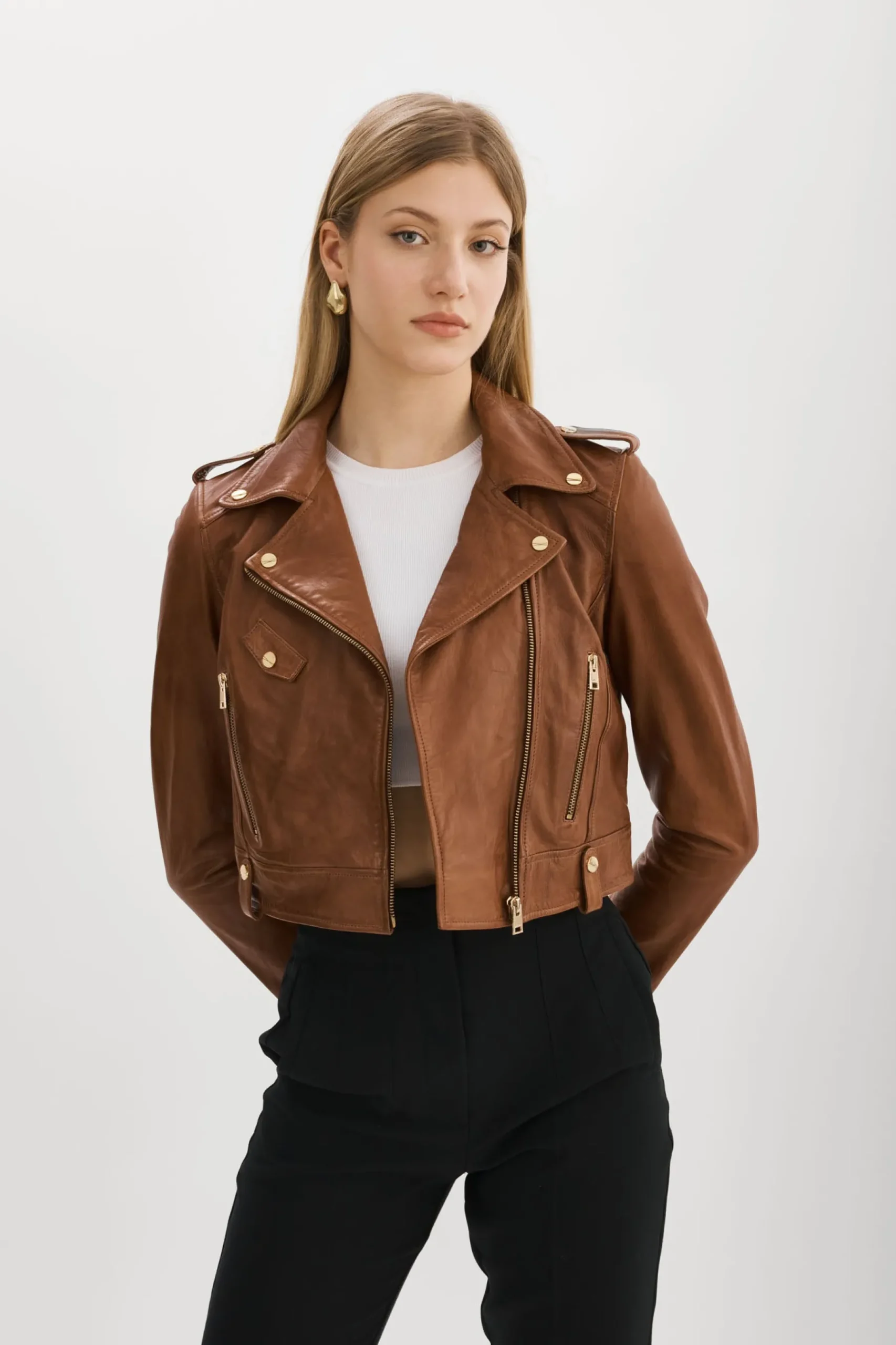 Femme LAMARQUE CIARA OR | Veste Motard Courte En Cuir