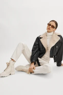 Femme LAMARQUE DYLAN Blouson Motard En Cuir Style 80s Col Sherpa