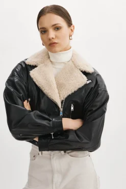 Femme LAMARQUE DYLAN Blouson Motard En Cuir Style 80s Col Sherpa