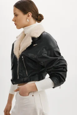 Femme LAMARQUE DYLAN Blouson Motard En Cuir Style 80s Col Sherpa